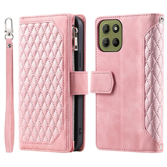 Style 005 For Motorola Moto G15 4G Wallet Case Rhombus Stitching Line PU Leather Phone Cover - Rose Gold