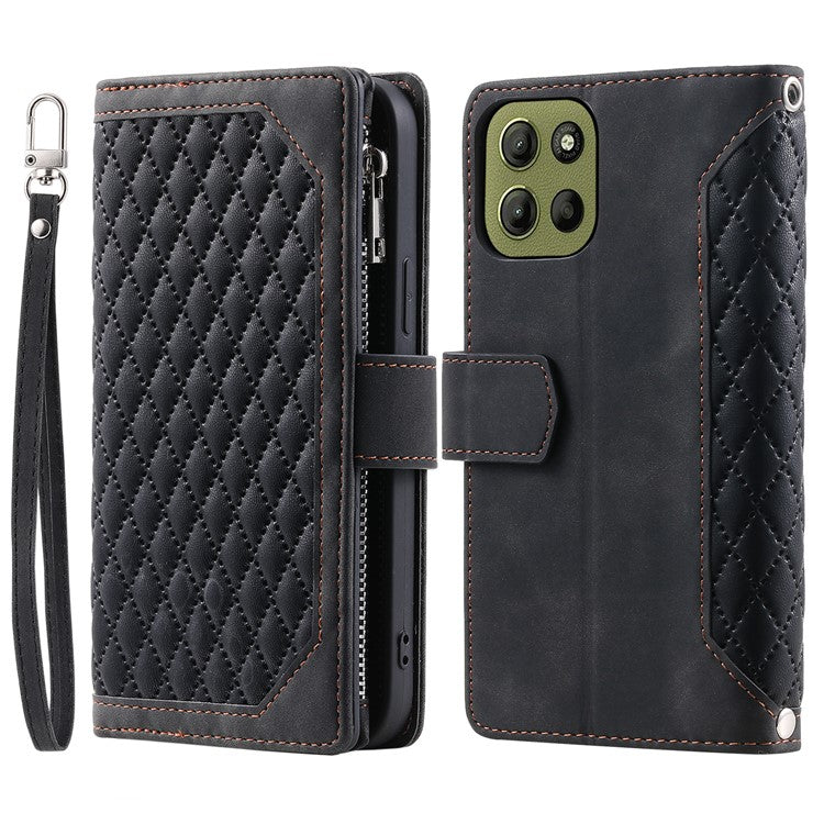 Style 005 For Motorola Moto G15 4G Wallet Case Rhombus Stitching Line PU Leather Phone Cover - Black