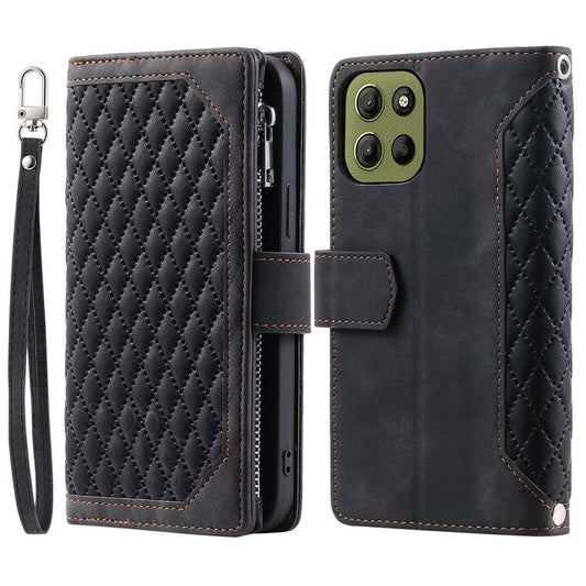 Style 005 For Motorola Moto G15 4G Wallet Case Rhombus Stitching Line PU Leather Phone Cover - Black