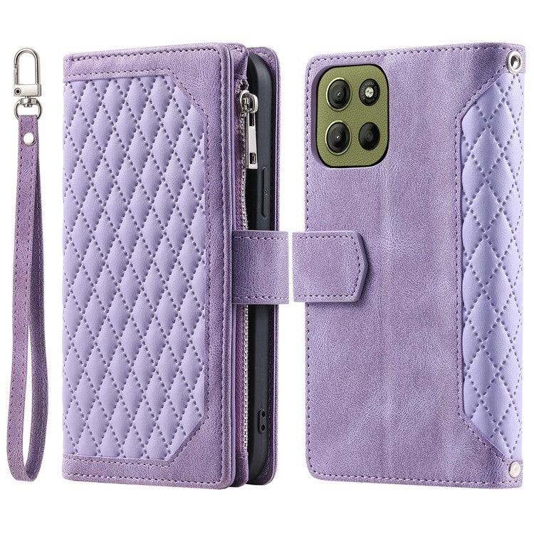 Style 005 For Motorola Moto G15 4G Wallet Case Rhombus Stitching Line PU Leather Phone Cover - Purple