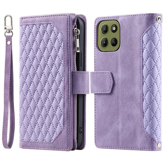 Style 005 For Motorola Moto G15 4G Wallet Case Rhombus Stitching Line PU Leather Phone Cover - Purple