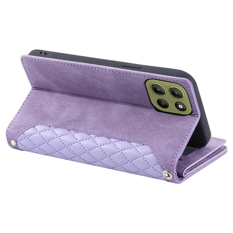 Style 005 For Motorola Moto G15 4G Wallet Case Rhombus Stitching Line PU Leather Phone Cover - Purple