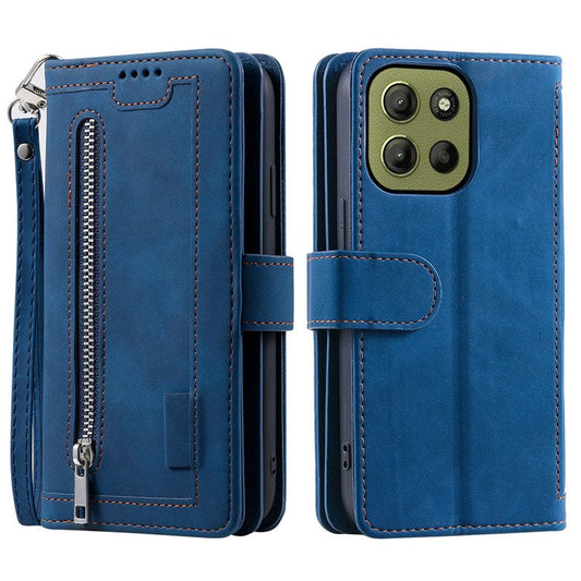 For Motorola Moto G15 4G Case PU Leather Phone Cover with Zipper Wallet 9 Card Slots - Blue