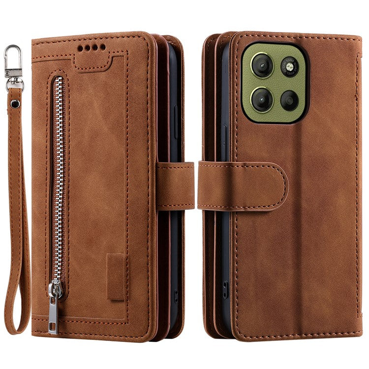 For Motorola Moto G15 4G Case PU Leather Phone Cover with Zipper Wallet 9 Card Slots - Brown
