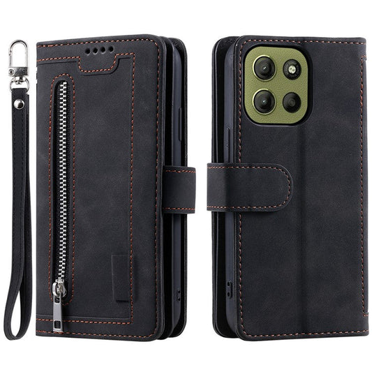 For Motorola Moto G15 4G Case PU Leather Phone Cover with Zipper Wallet 9 Card Slots - Black
