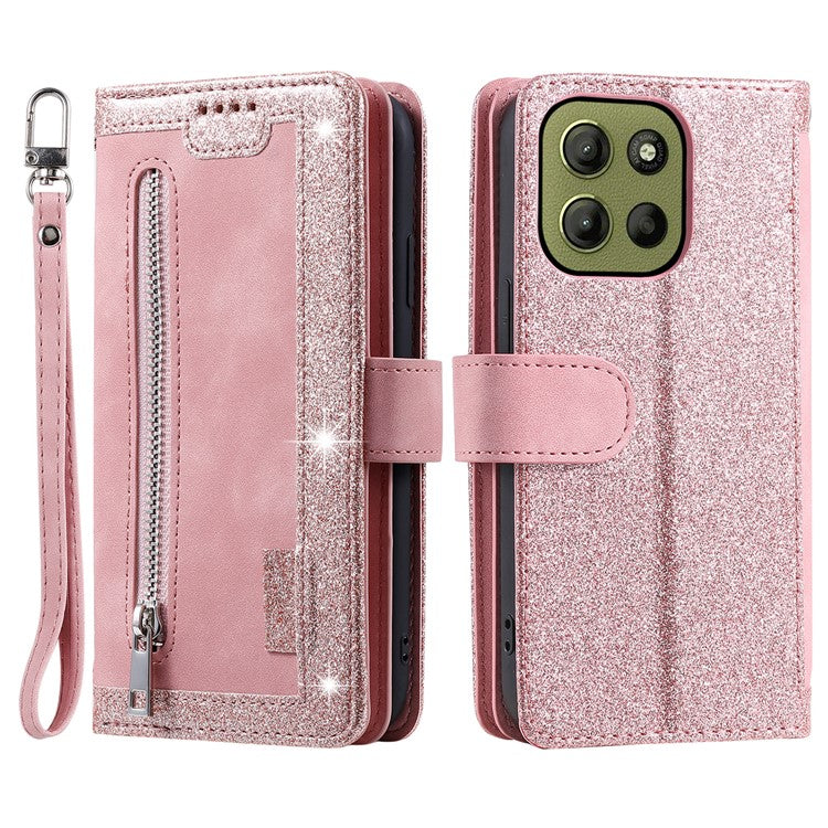 For Motorola Moto G15 4G Case PU Leather Phone Cover with Zipper Wallet 9 Card Slots - Rose Gold