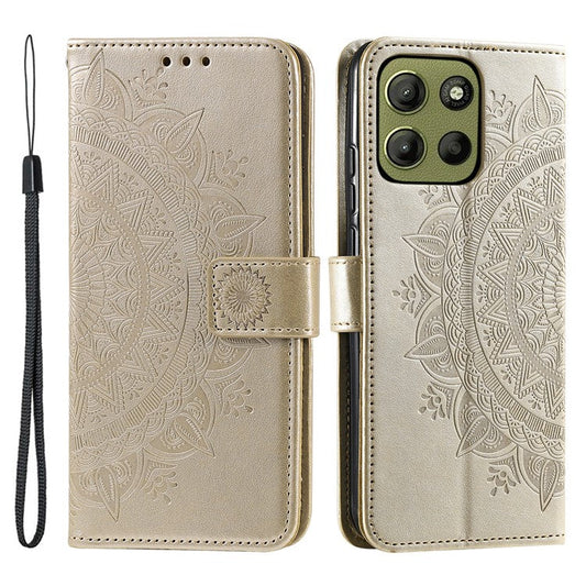 For Motorola Moto G15 4G Case Imprinted Totem PU Leather Wallet Stand Phone Cover - Gold
