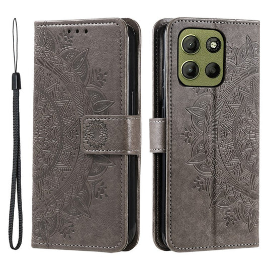 For Motorola Moto G15 4G Case Imprinted Totem PU Leather Wallet Stand Phone Cover - Grey