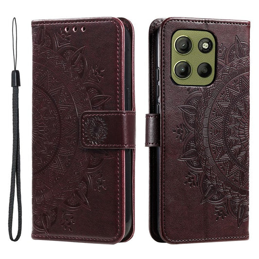 For Motorola Moto G15 4G Case Imprinted Totem PU Leather Wallet Stand Phone Cover - Brown