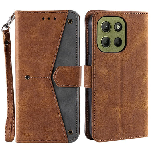 For Motorola Moto G15 4G Leather Case Splicing Stitching Wallet Stand Phone Cover with Strap - Brown