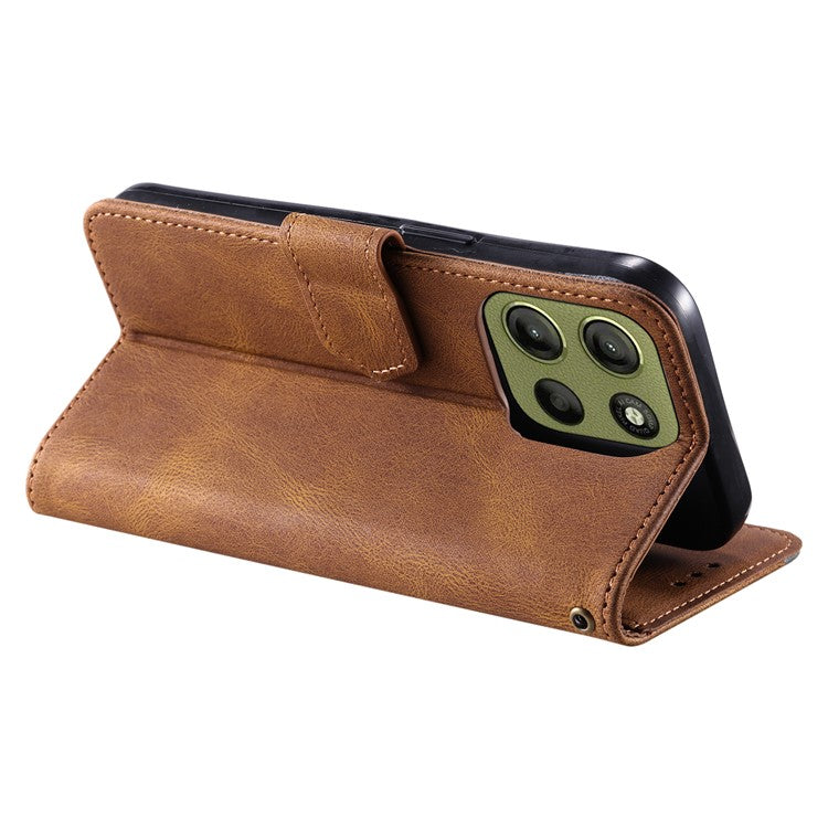 For Motorola Moto G15 4G Leather Case Splicing Stitching Wallet Stand Phone Cover with Strap - Brown