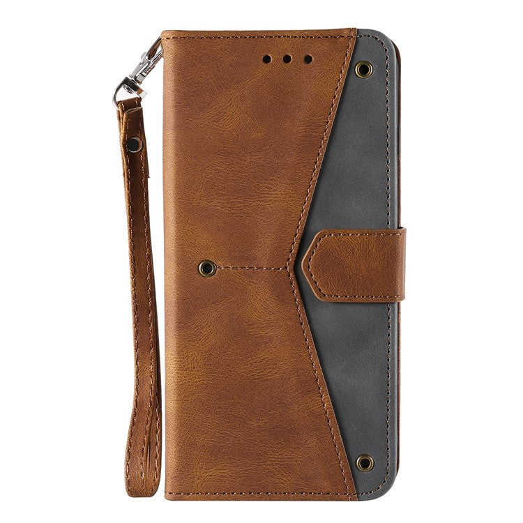 For Motorola Moto G15 4G Leather Case Splicing Stitching Wallet Stand Phone Cover with Strap - Brown