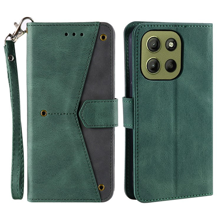 For Motorola Moto G15 4G Leather Case Splicing Stitching Wallet Stand Phone Cover with Strap - Green