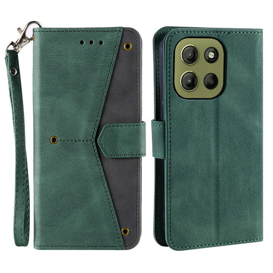 For Motorola Moto G15 4G Leather Case Splicing Stitching Wallet Stand Phone Cover with Strap - Green