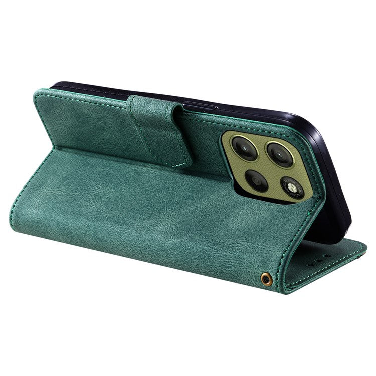 For Motorola Moto G15 4G Leather Case Splicing Stitching Wallet Stand Phone Cover with Strap - Green