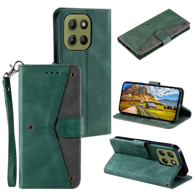 For Motorola Moto G15 4G Leather Case Splicing Stitching Wallet Stand Phone Cover with Strap - Green
