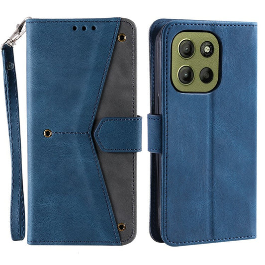 For Motorola Moto G15 4G Leather Case Splicing Stitching Wallet Stand Phone Cover with Strap - Blue