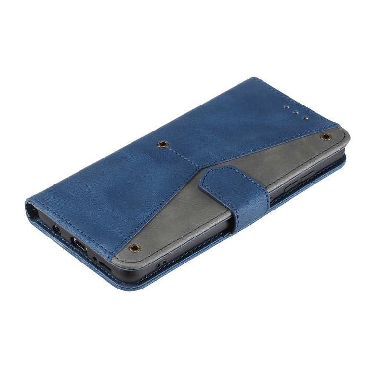 For Motorola Moto G15 4G Leather Case Splicing Stitching Wallet Stand Phone Cover with Strap - Blue