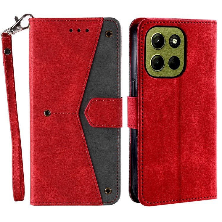 For Motorola Moto G15 4G Leather Case Splicing Stitching Wallet Stand Phone Cover with Strap - Red