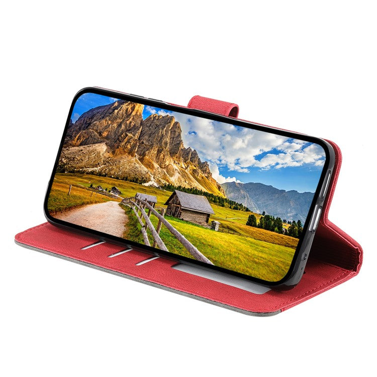 For Motorola Moto G15 4G Leather Case Splicing Stitching Wallet Stand Phone Cover with Strap - Red