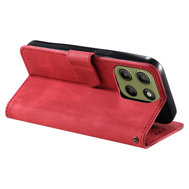 For Motorola Moto G15 4G Leather Case Splicing Stitching Wallet Stand Phone Cover with Strap - Red