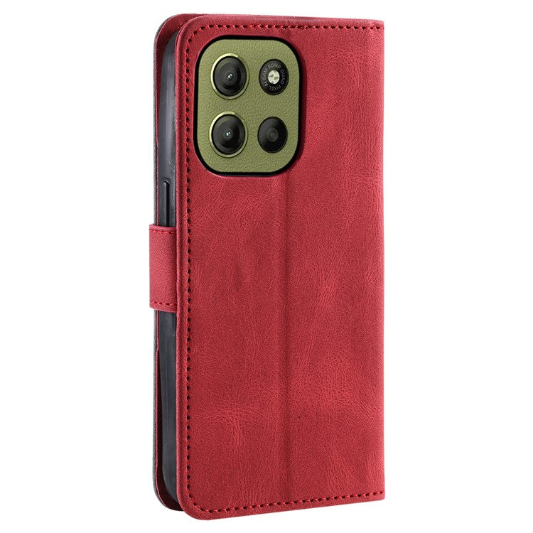 For Motorola Moto G15 4G Leather Case Splicing Stitching Wallet Stand Phone Cover with Strap - Red