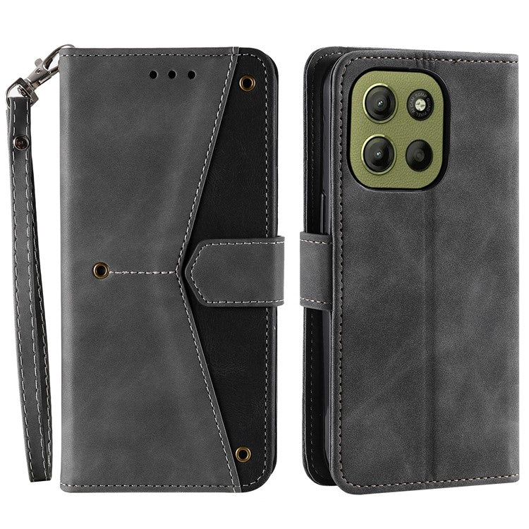 For Motorola Moto G15 4G Leather Case Splicing Stitching Wallet Stand Phone Cover with Strap - Grey