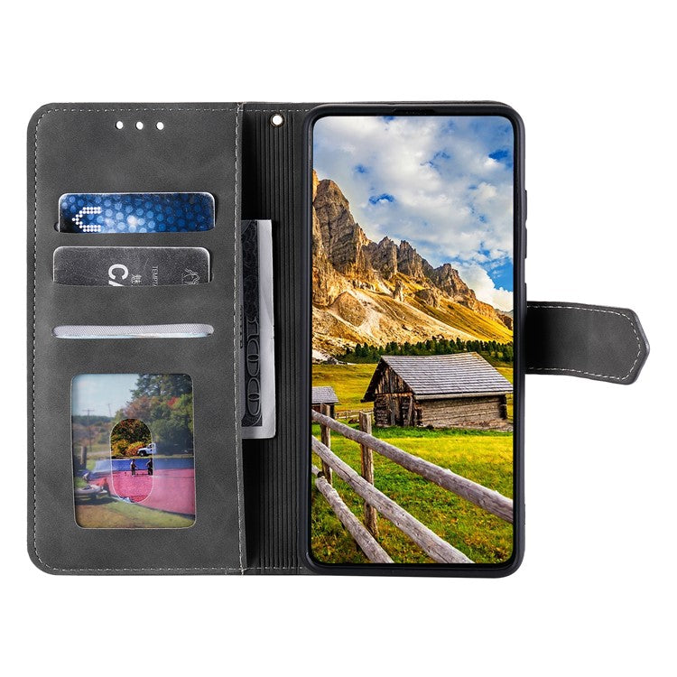 For Motorola Moto G15 4G Leather Case Splicing Stitching Wallet Stand Phone Cover with Strap - Grey