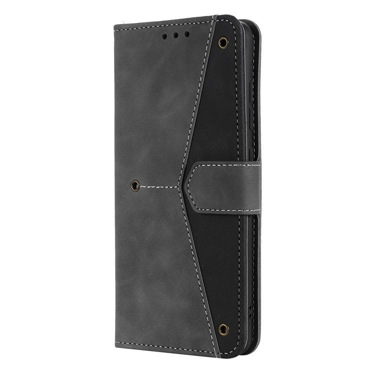 For Motorola Moto G15 4G Leather Case Splicing Stitching Wallet Stand Phone Cover with Strap - Grey