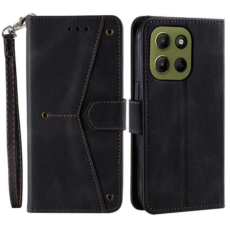 For Motorola Moto G15 4G Leather Case Splicing Stitching Wallet Stand Phone Cover with Strap - Black