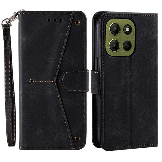 For Motorola Moto G15 4G Leather Case Splicing Stitching Wallet Stand Phone Cover with Strap - Black