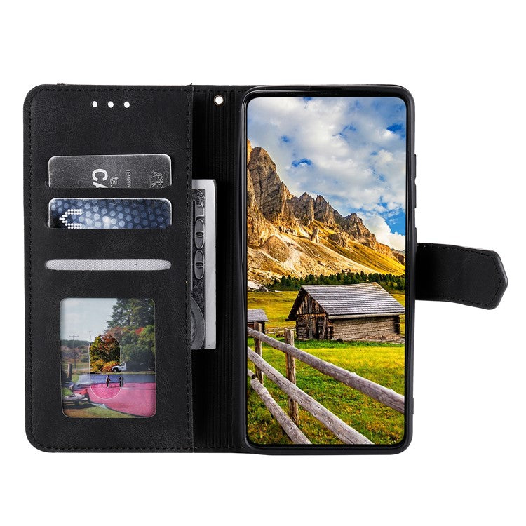 For Motorola Moto G15 4G Leather Case Splicing Stitching Wallet Stand Phone Cover with Strap - Black