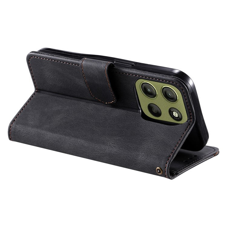 For Motorola Moto G15 4G Leather Case Splicing Stitching Wallet Stand Phone Cover with Strap - Black