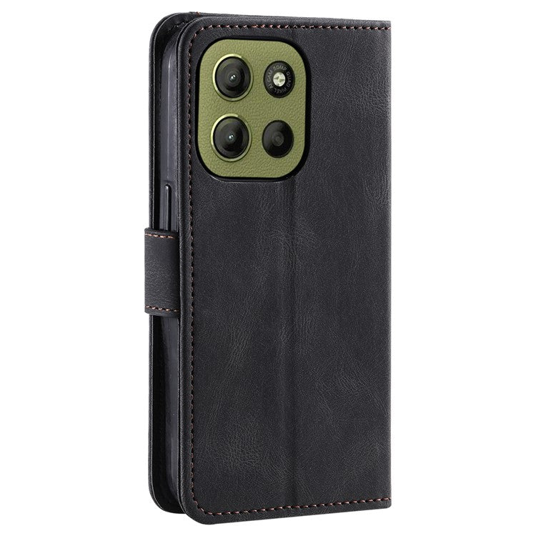 For Motorola Moto G15 4G Leather Case Splicing Stitching Wallet Stand Phone Cover with Strap - Black