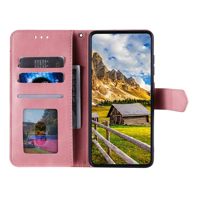 For Motorola Moto G15 4G Leather Case Splicing Stitching Wallet Stand Phone Cover with Strap - Rose Gold