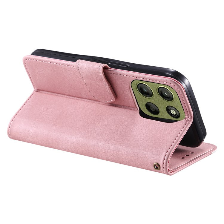 For Motorola Moto G15 4G Leather Case Splicing Stitching Wallet Stand Phone Cover with Strap - Rose Gold