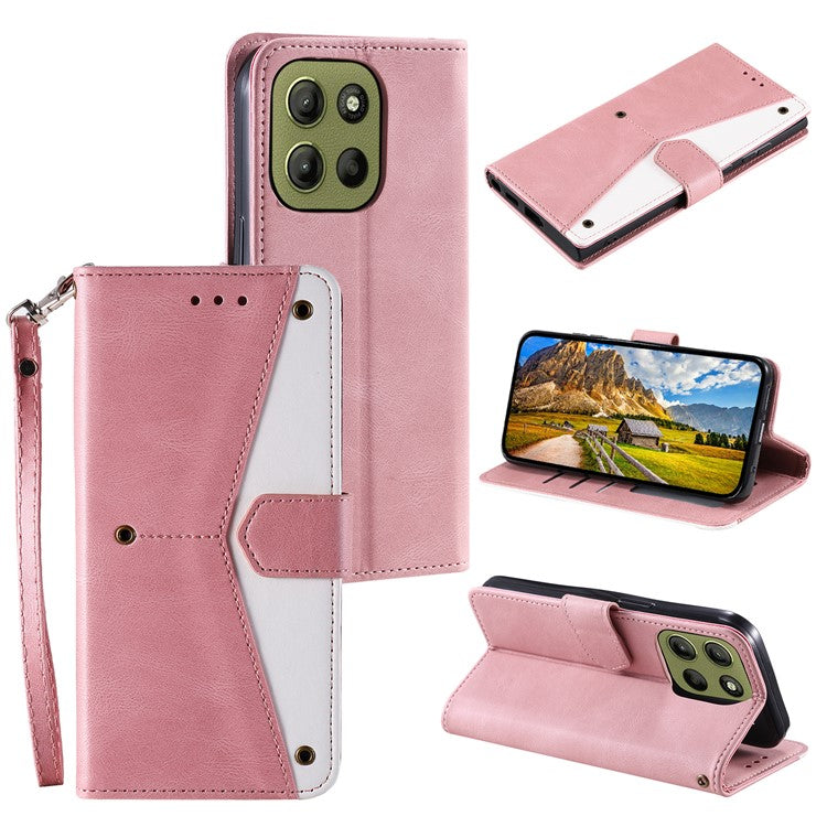 For Motorola Moto G15 4G Leather Case Splicing Stitching Wallet Stand Phone Cover with Strap - Rose Gold