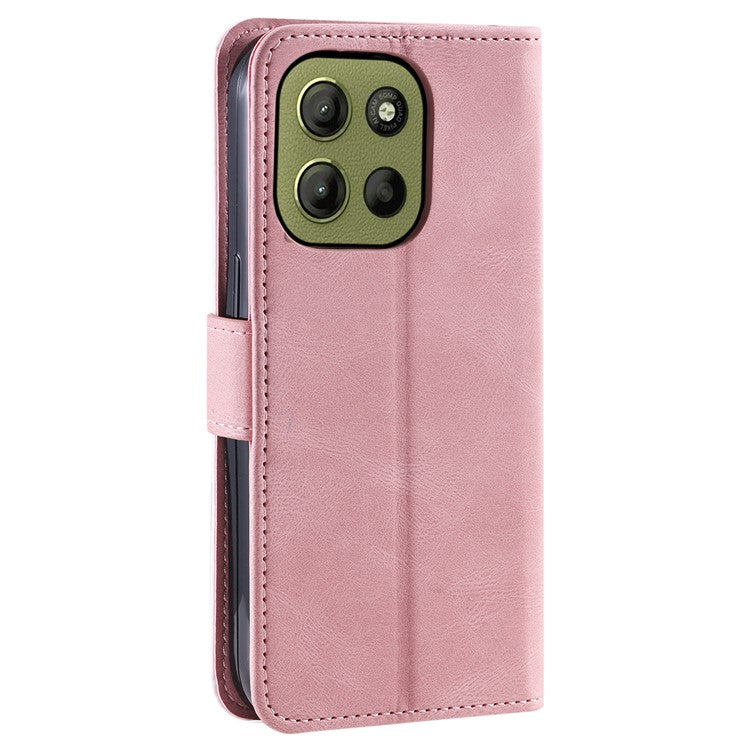 For Motorola Moto G15 4G Leather Case Splicing Stitching Wallet Stand Phone Cover with Strap - Rose Gold