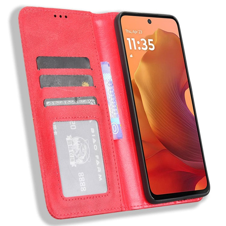 For Motorola Moto G15 4G / G15 Power 4G Leather Case Wallet Stand Retro Texture Phone Cover - Red