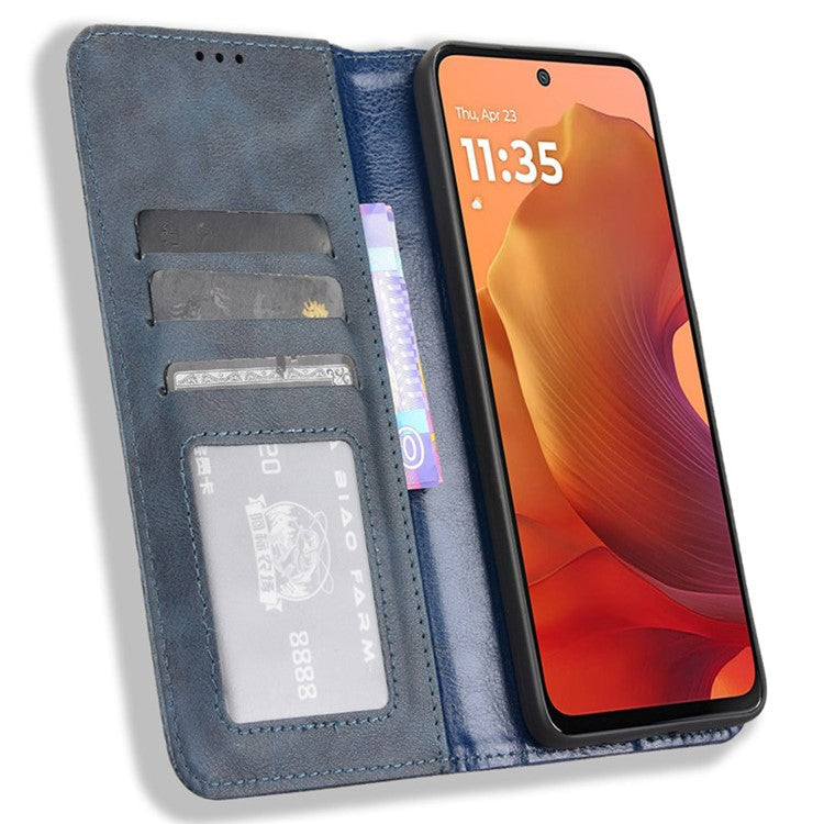 For Motorola Moto G15 4G / G15 Power 4G Leather Case Wallet Stand Retro Texture Phone Cover - Blue