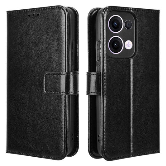 For Oppo Reno13 5G (Global) Case Crazy Horse Texture PU Leather Phone Wallet Cover - Black