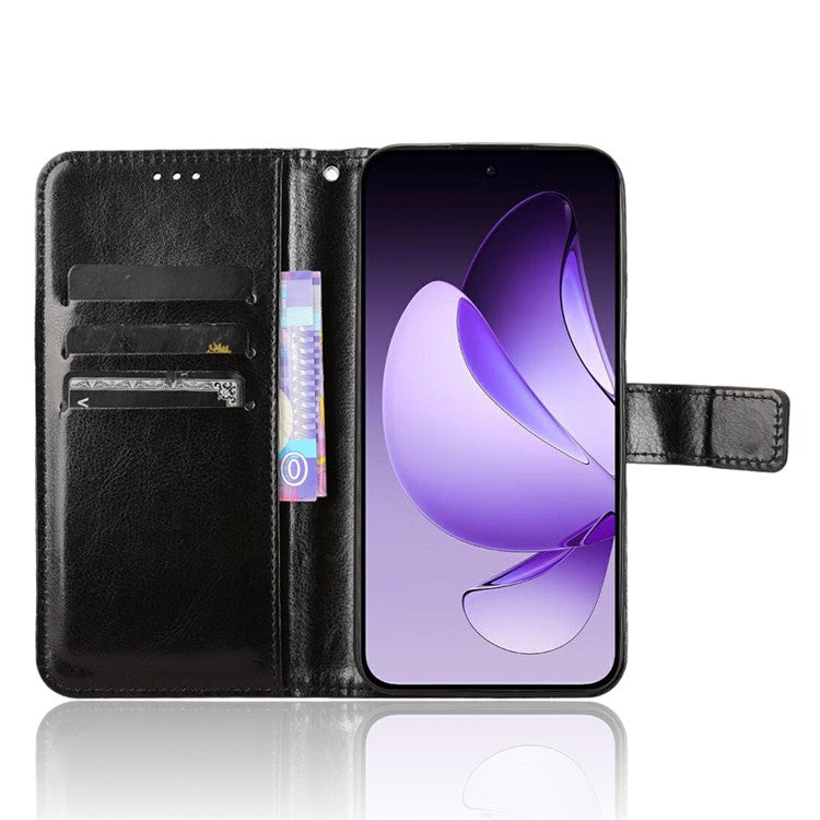 For Oppo Reno13 5G (Global) Case Crazy Horse Texture PU Leather Phone Wallet Cover - Black