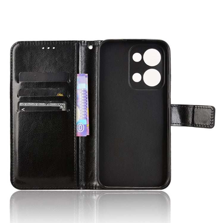 For Oppo Reno13 5G (Global) Case Crazy Horse Texture PU Leather Phone Wallet Cover - Black