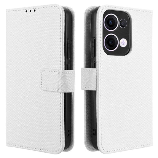 For Oppo Reno13 5G (Global) Case PU Leather Diamond Texture Wallet Phone Cover - White