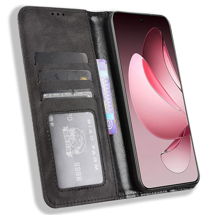 For Oppo Reno13 Pro 5G Leather Case Wallet Stand Retro Texture Phone Cover - Black
