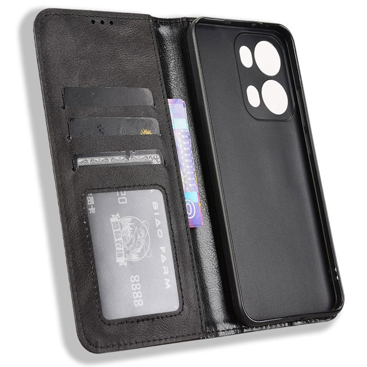 For Oppo Reno13 Pro 5G Leather Case Wallet Stand Retro Texture Phone Cover - Black