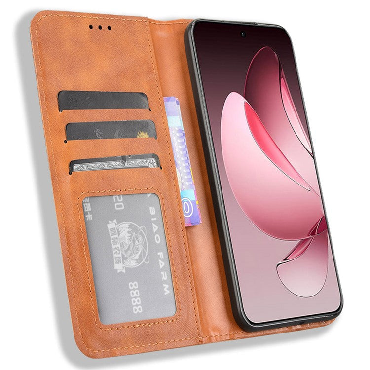 For Oppo Reno13 Pro 5G Leather Case Wallet Stand Retro Texture Phone Cover - Brown