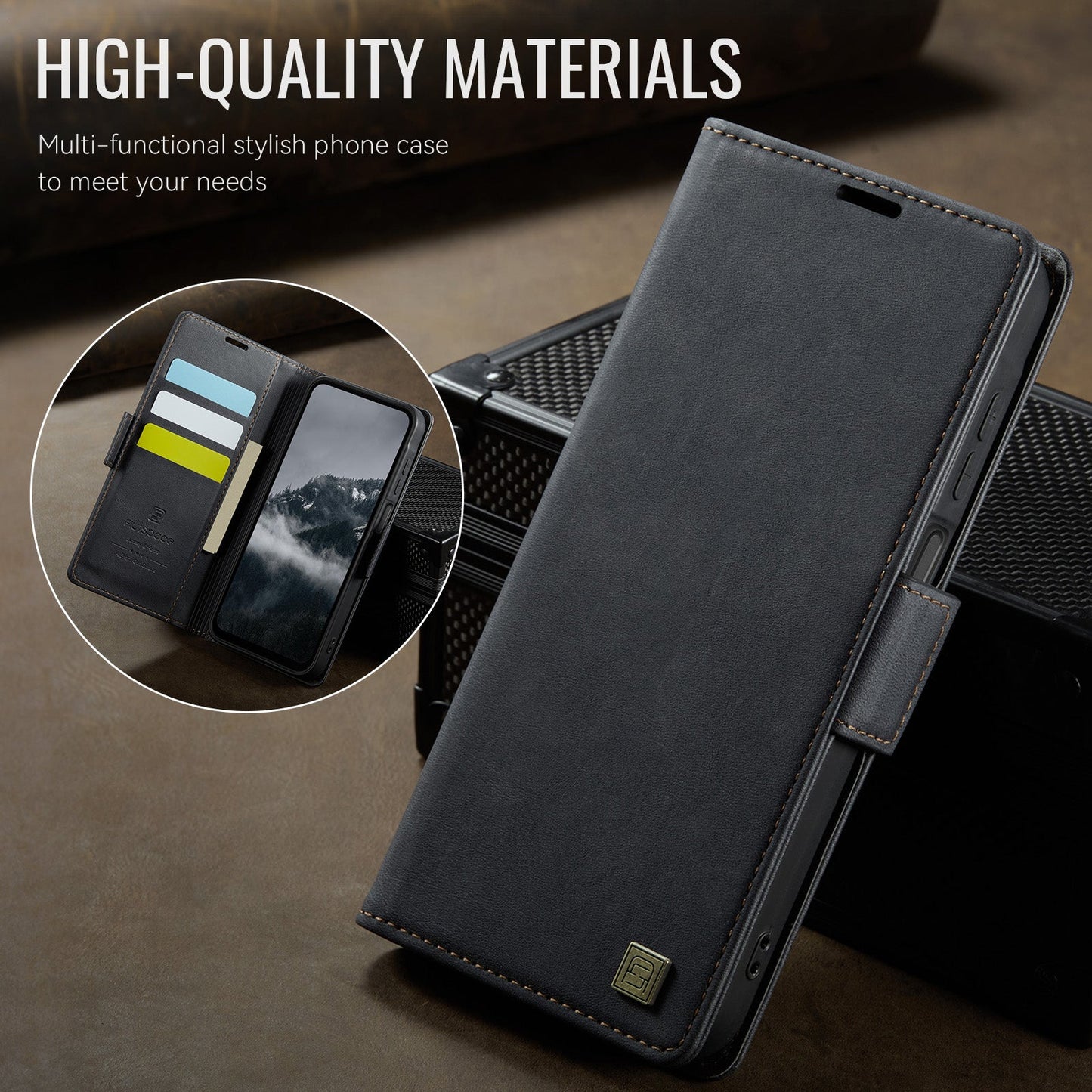For Samsung Galaxy A14 4G / Galaxy A14 5G Case AUTSPACE A11 RFID Blocking Retro Leather Cell Phone Wallet Cover - Black
