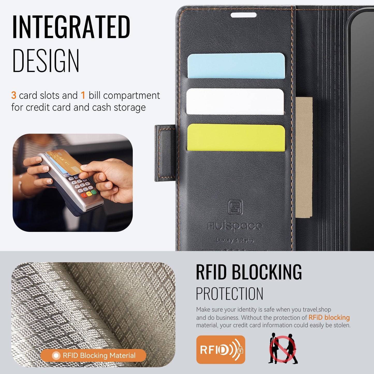 For Samsung Galaxy A14 4G / Galaxy A14 5G Case AUTSPACE A11 RFID Blocking Retro Leather Cell Phone Wallet Cover - Black