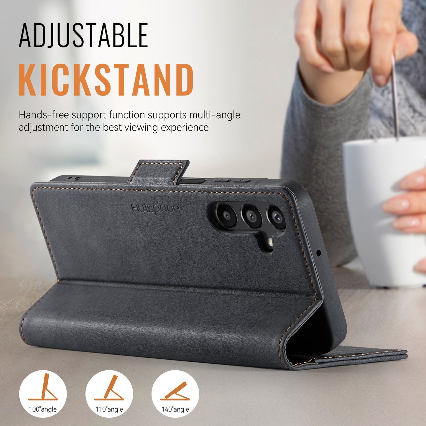 For Samsung Galaxy A14 4G / Galaxy A14 5G Case AUTSPACE A11 RFID Blocking Retro Leather Cell Phone Wallet Cover - Black